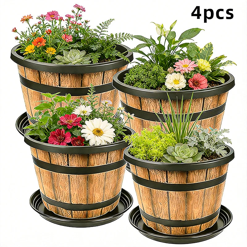 Indoor Large Flower Planter Resin Plant Pot Outdoor Imitation Wooden Barrel for Balcony Garden, Home Office Decor