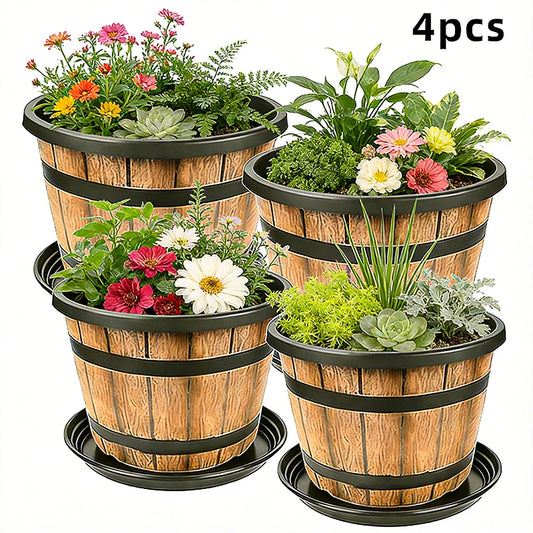 Indoor Large Flower Planter Resin Plant Pot Outdoor Imitation Wooden Barrel for Balcony Garden, Home Office Decor