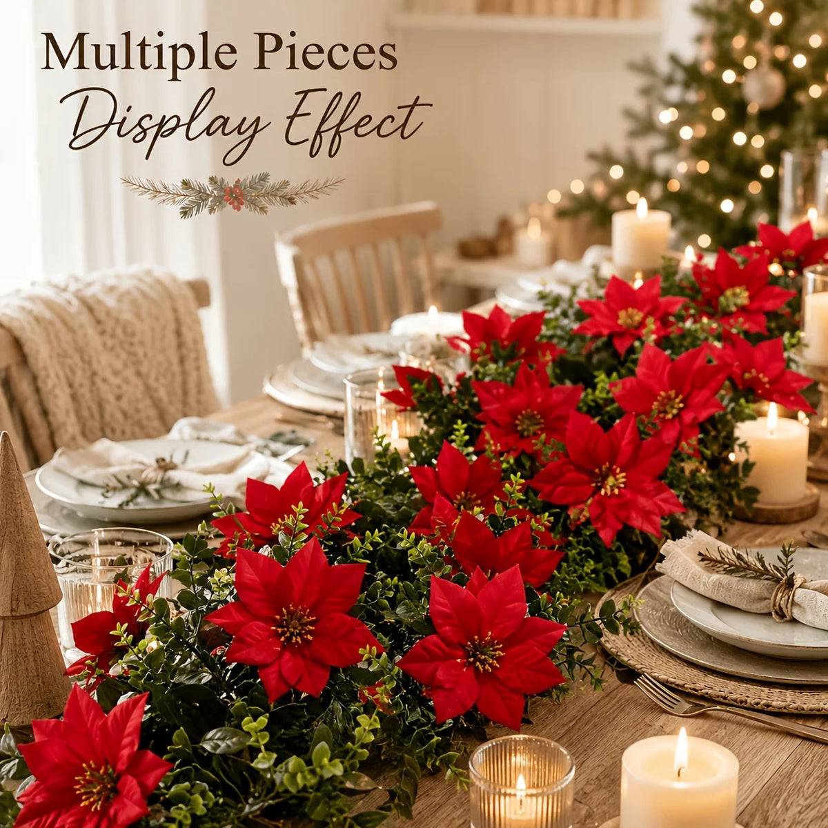2Pcs Artificial Christmas Garland Red Poinsettia Eucalyptus Faux Flower