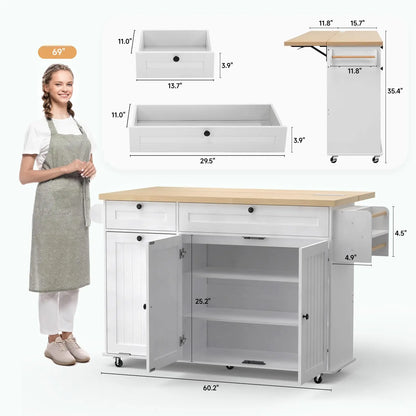60" Mobile Kitchen Islands Rolling Table Drop Leaf with Power Outlet Spice Towel Rack Trash