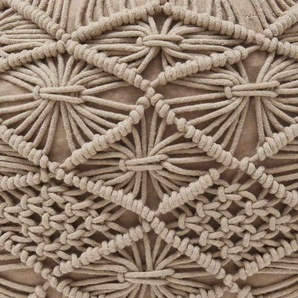 Hand Knitted Cotton Pouf Ottoman Foot Rest - Boho Round Stuffed for Living Room Bedroom Beige
