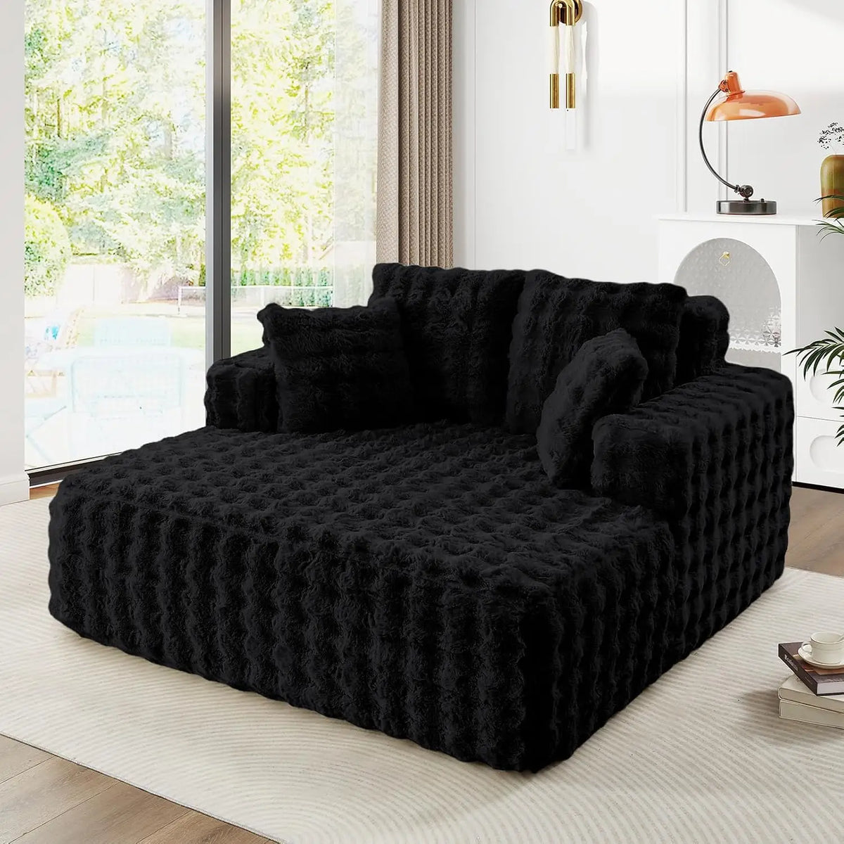 56" Oversized Chaise Lounge Plush Faux Fur Sleeper Sofa Couch Bed with Pillows