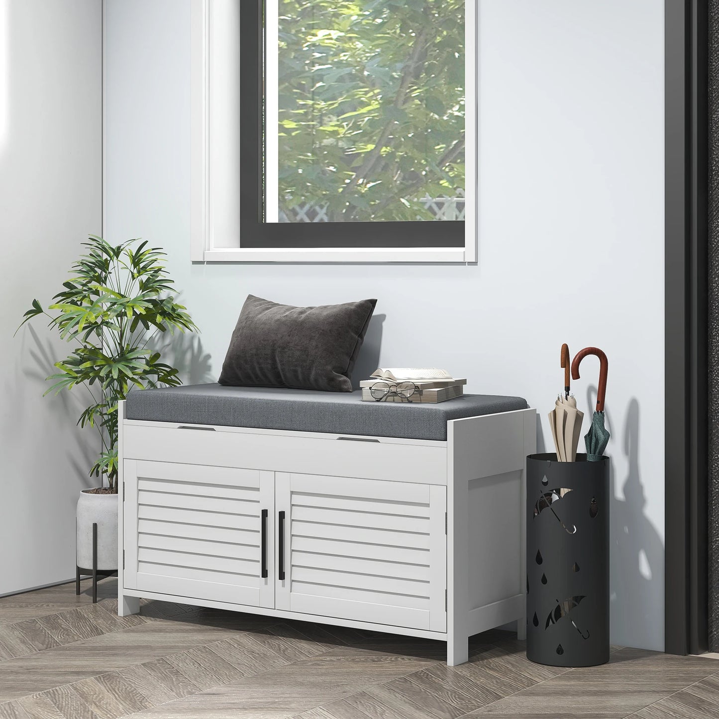 Entryway Bench with Cushion, Hidden Compartments, White