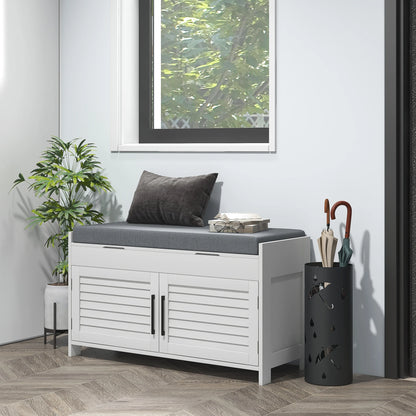 Entryway Bench with Cushion, Hidden Compartments, White