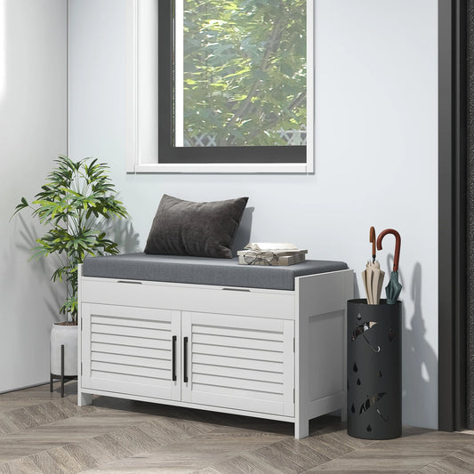 Entryway Bench with Cushion, Hidden Compartments, White