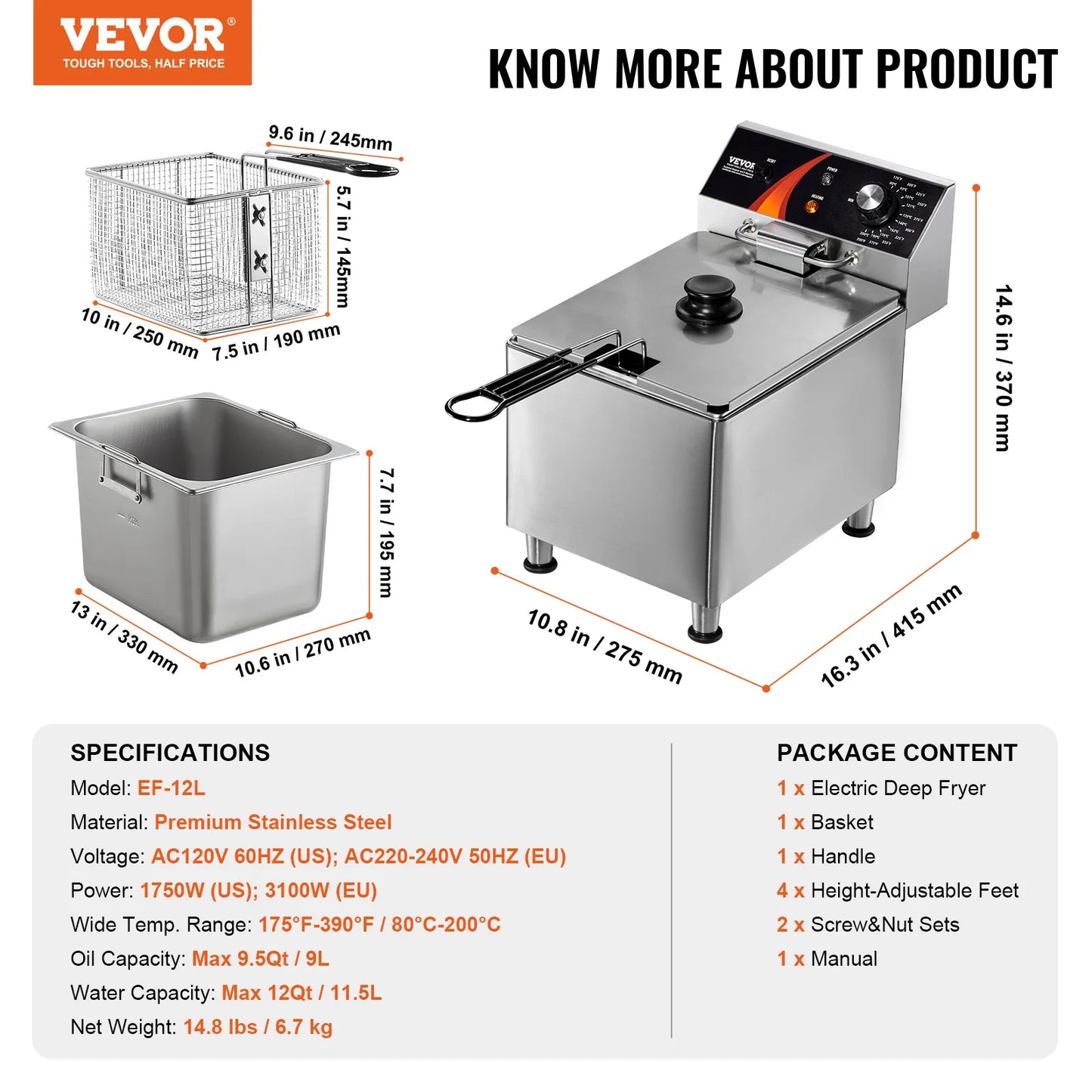 Commercial Deep Fryer Electric Countertop Fryer with Basket 6Qt Stainless Steel Single Oil Fryer w/Temp Control