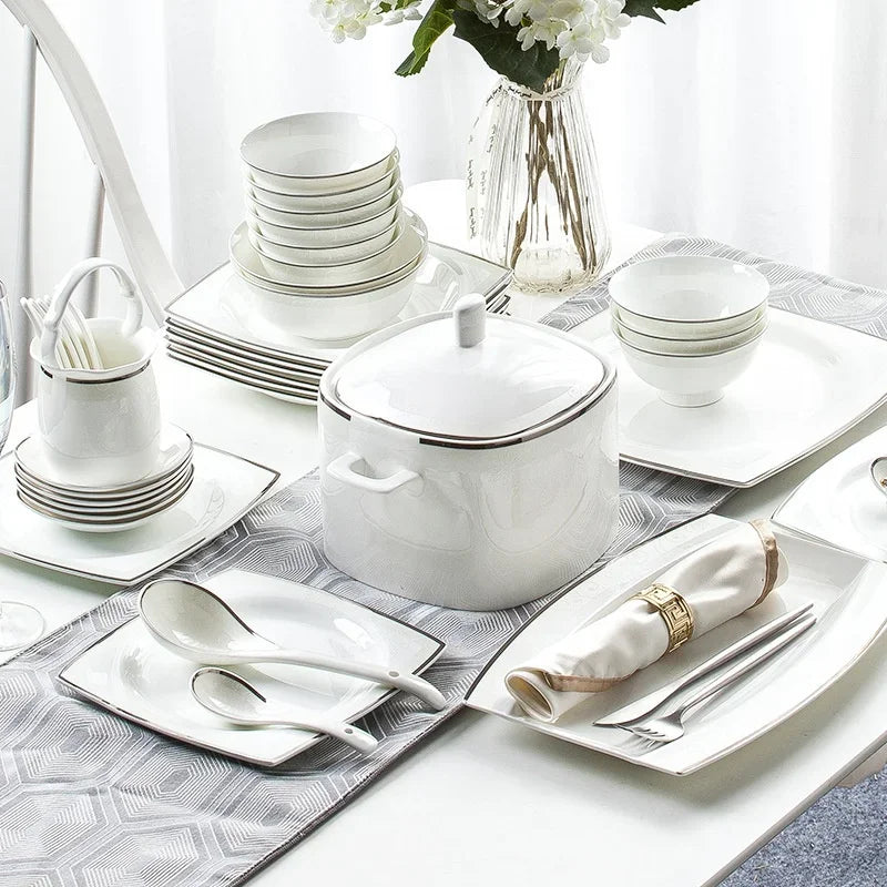60-Piece Porcelain Set Light Luxury Silver Edge Dinner Set