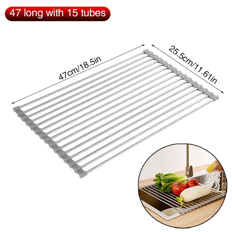 Over Sink Rollable Dish Drying Rack Foldable Stainless Steel Drain Mat