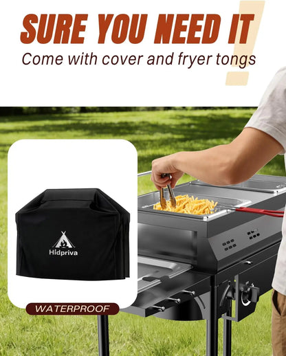 Outdoor Propane Deep Fryer with Cover, Tongs, Dual-Tank Commercial Fryer, 2x8QT Stainless Steel Pots with Baskets & Lids,