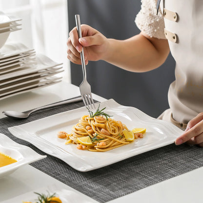 Square Dinnerware Sets 28 Piece White Porcelain Plates and Bowls Set Salt Pepper Pot Salad Pasta Bowls Dinner Set