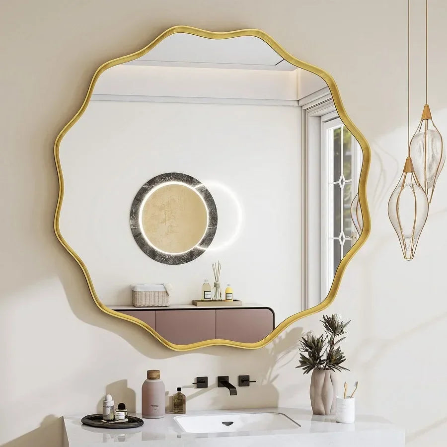 36" Wavy Round Decorative Mirror With Deep Frame Gold
