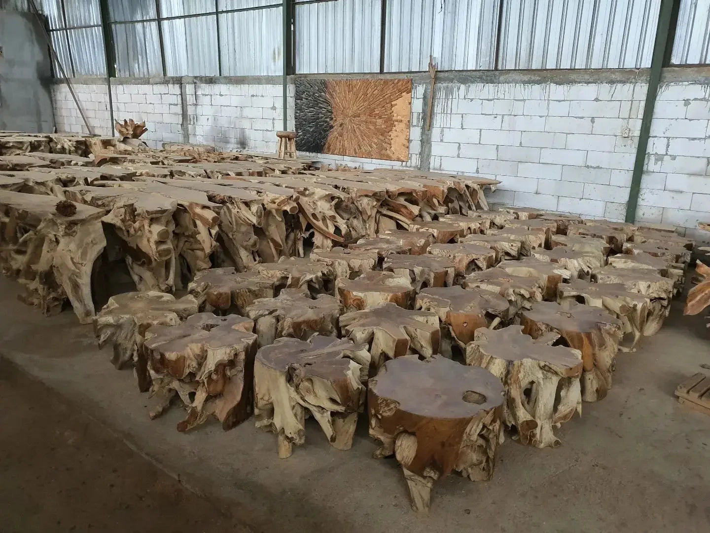Teak root coffee table base, including 55-inch round glass top
