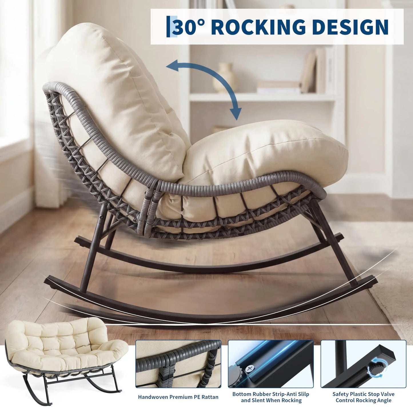 Patio egg Rocking Chair Set with Ottoman Double Wicke Indoor, Outdoor Lounge Chair