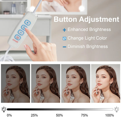 Modern White Dressing Table Stool Set with 3-Color Adjustable LED Light Mirror 4 Drawers.