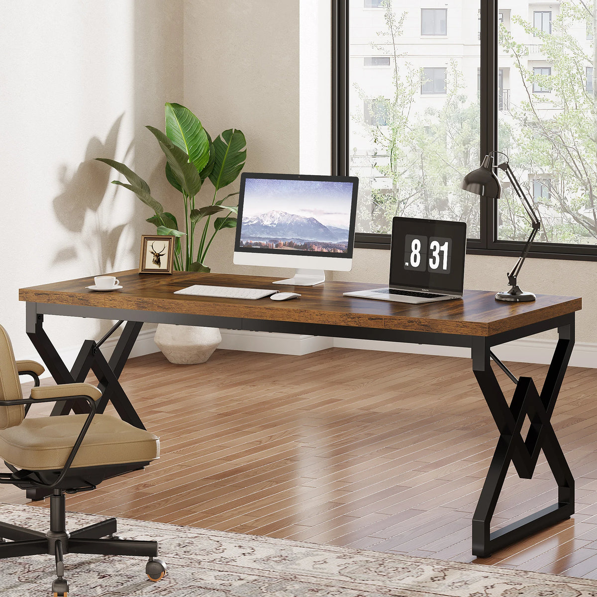 Large Industrial Executive Desk with Extra Thickened Tabletop & Metal Frame, Heavy-Duty Home Office Desk