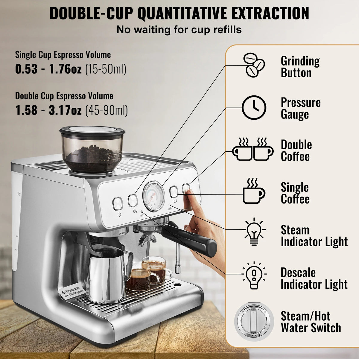 Espresso Machine with Grinder 15 Bar Semi-Automatic Espresso Coffee Maker with Milk Frothed Steam
