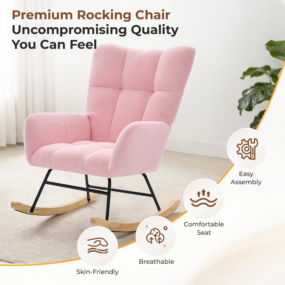 Teddy Upholstered Saucer Rocking Chair with High Backrest Armchair Padded