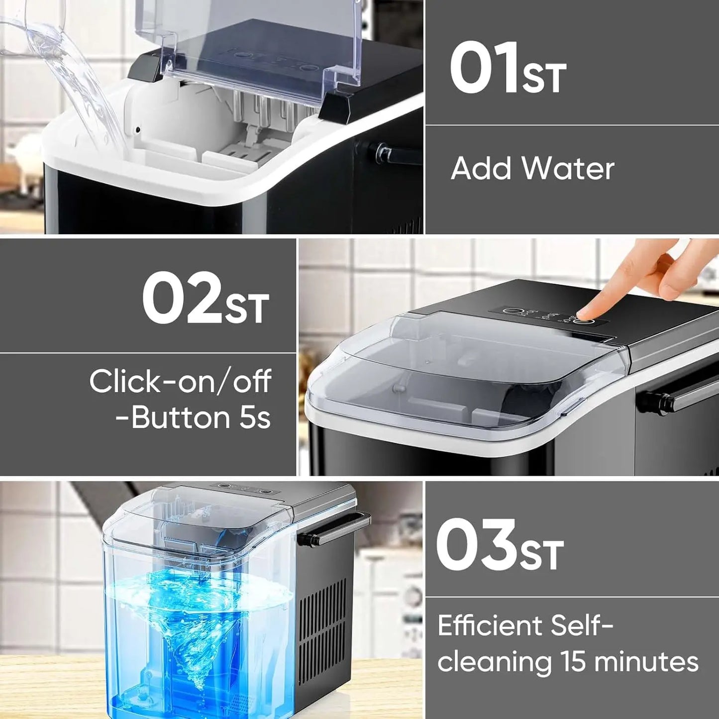 Portable Ice Maker, 26lbs/24H, 9 Cubes in 6 Mins, Self-Cleaning,