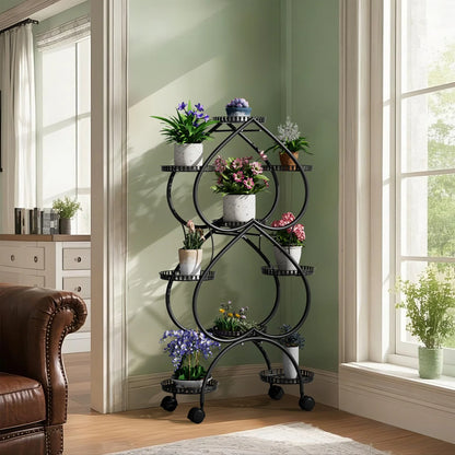 9-Potted Metal Tall Plant Stand with Wheels Flower Display