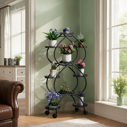 9-Potted Metal Tall Plant Stand with Wheels Flower Display