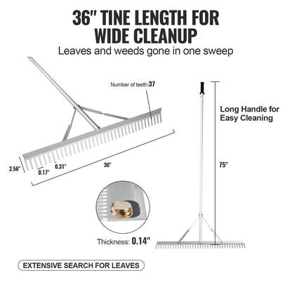 Landscape Rake 36" Head Aluminum Lake Weed Rake with 75" Long Handle for Lawn Care Weeding