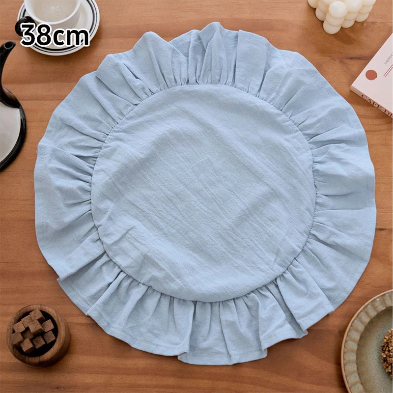 Retro Style Cotton Solid Color Circular Placemat with Ruffle Edge Decoration
