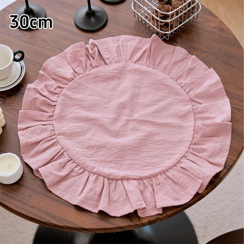Retro Style Cotton Solid Color Circular Placemat with Ruffle Edge Decoration