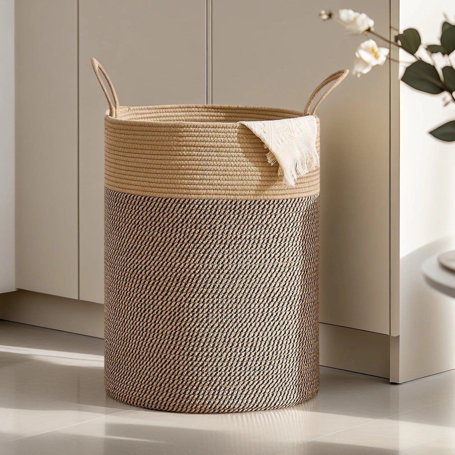 Large Storage Basket Tall Woven Laundry Hamper with Handles Foldable Cotton Rope