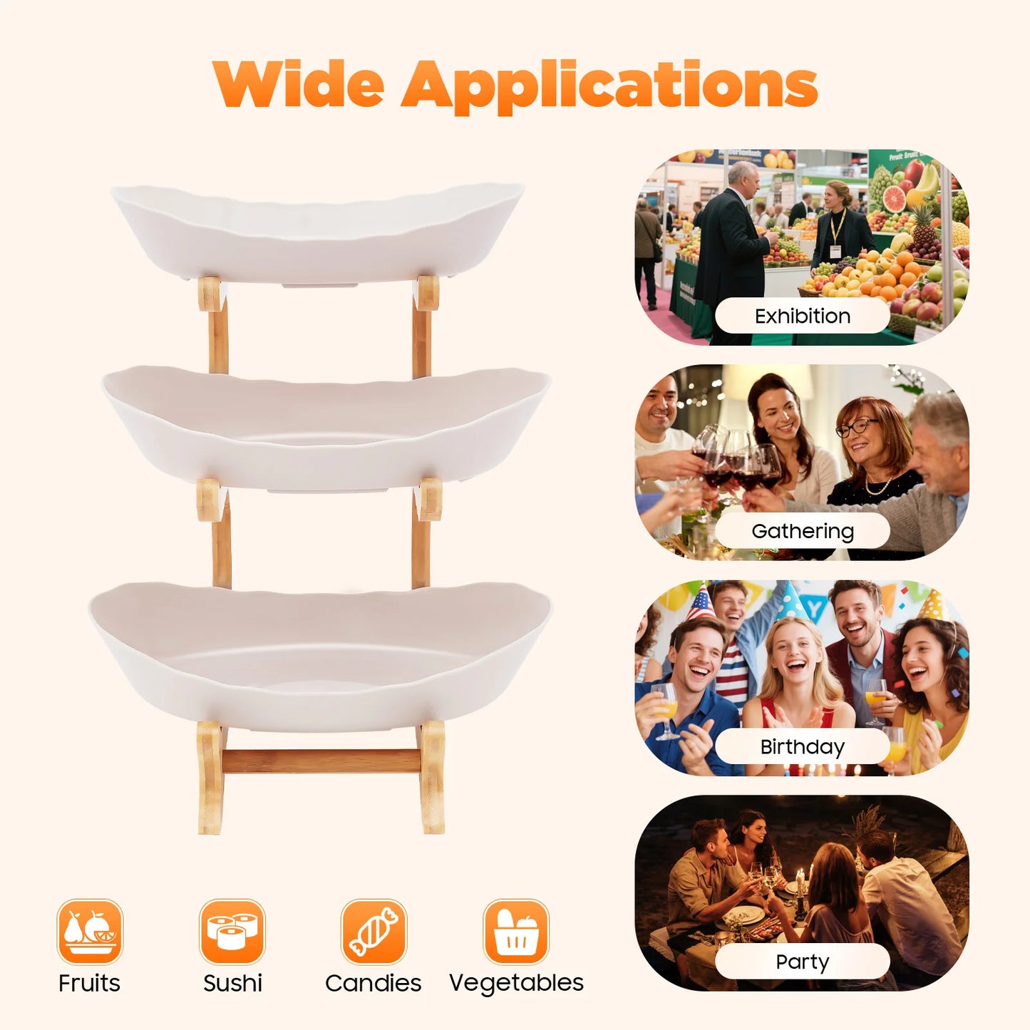 3-Tier Fruit Plate, Snack Dessert Cake for Party Wedding, Bowl W/ Bamboo Wood Stand
