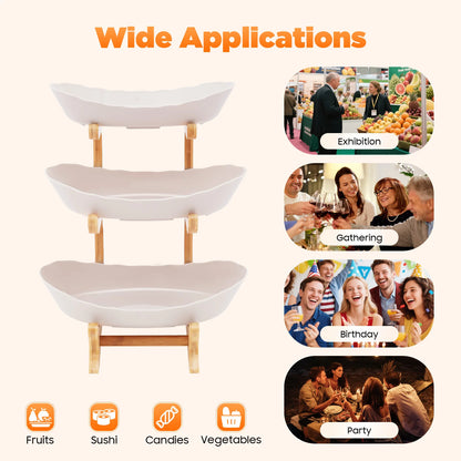3-Tier Fruit Plate, Snack Dessert Cake for Party Wedding, Bowl W/ Bamboo Wood Stand