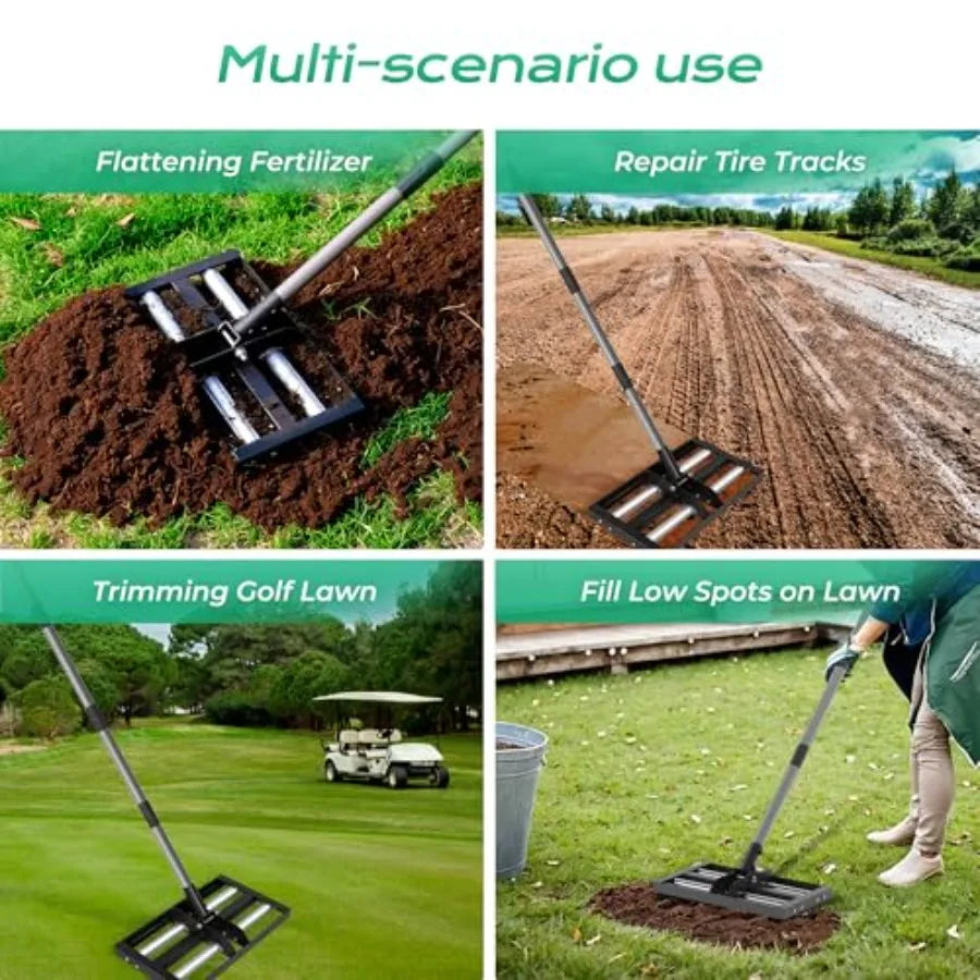 Lawn Leveling Rake with Aluminum Rollers Heavy-Duty Stainless Steel Lawn Leveler with 61 inch Adjustable