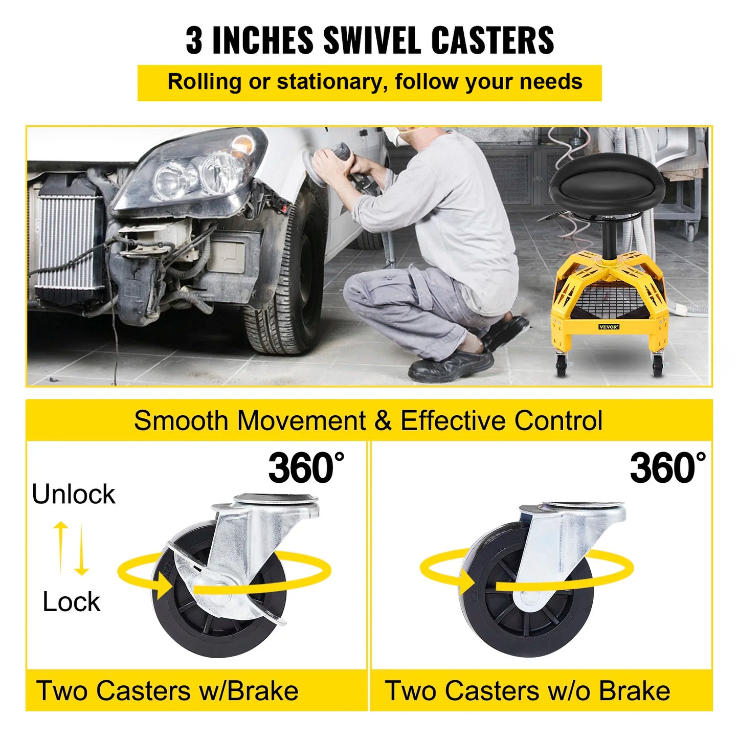 Rolling Creeper Seat Mechanic Stool Adjustable Swivel Chair with Tool Tray 300LBS