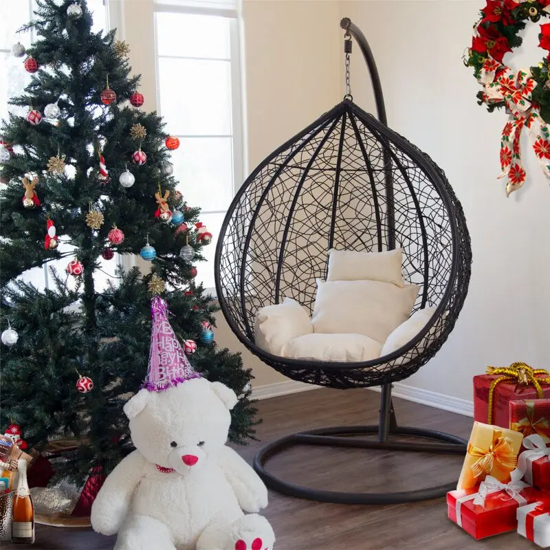 Rattan Shaped Hanging Swing Chair with Metal Stand for Balcony, Courtyard & Patio