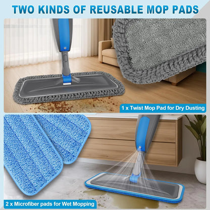 Spray Mop for Multi-Surface Cleaning with Washable Pads, 360° Swivel Head