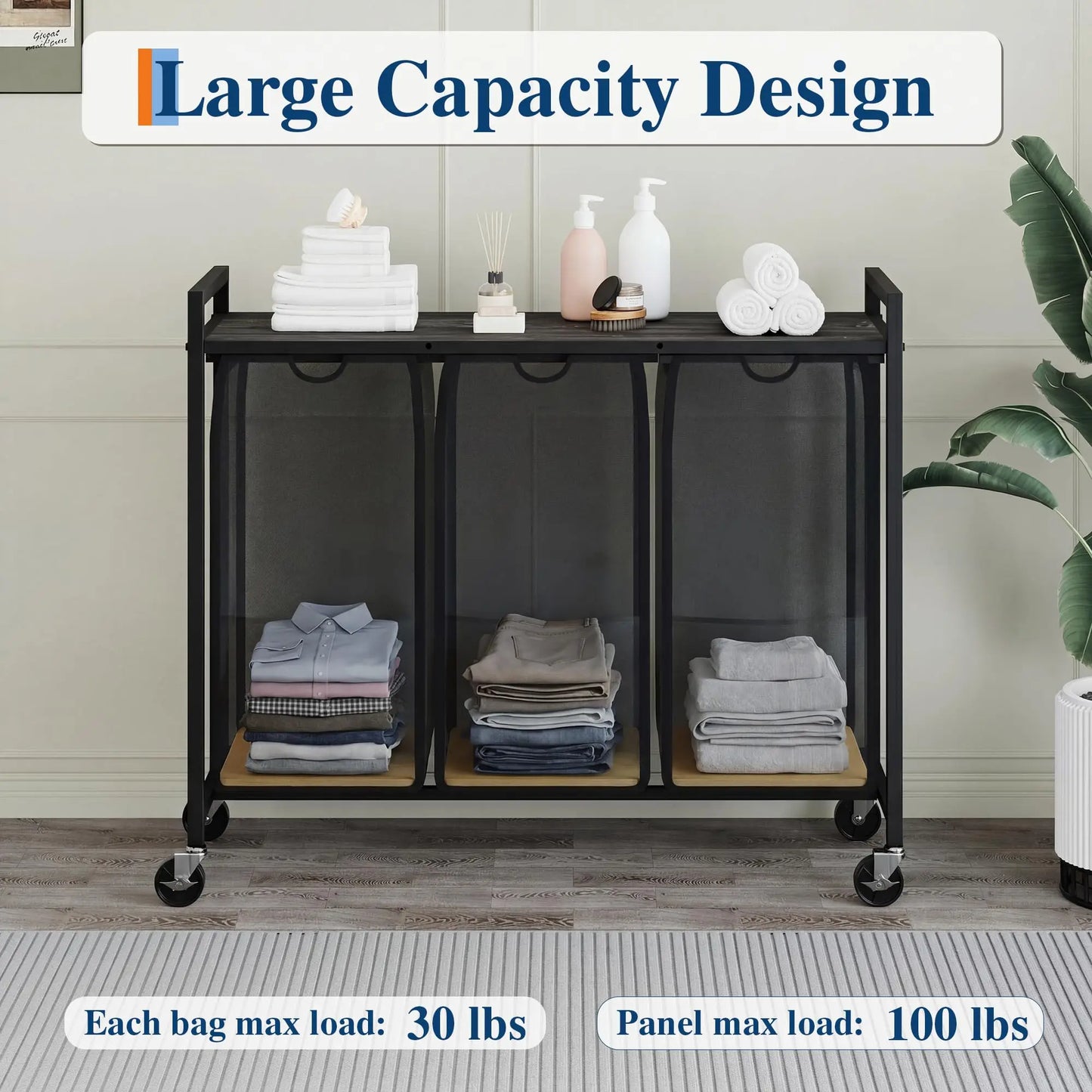 Rolling Laundry Hamper with Shelf 3 Section Laundry Sorter with Removable Bags Wheels Heavy Duty