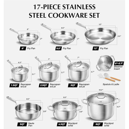 Stainless Steel Cookware Set 17 Piece, Pots and Pans 5-Layer Base, Oven & Induction Safe