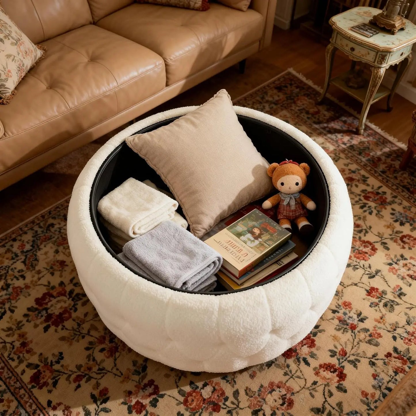 30 Inches Large Round Storage Ottoman, Coffee Table, Wooden Top, Soft Teddy Fabric