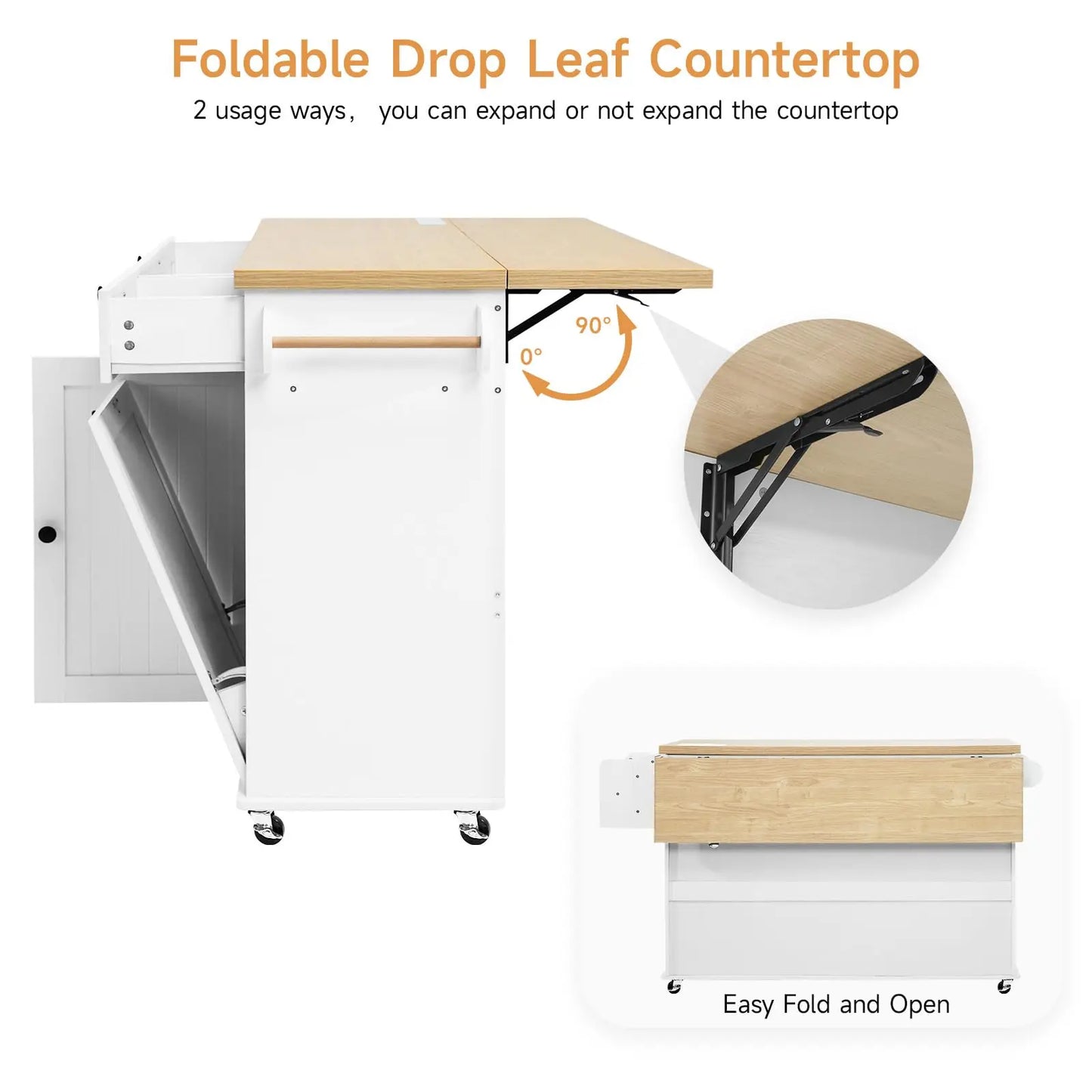 60" Mobile Kitchen Islands Rolling Table Drop Leaf with Power Outlet Spice Towel Rack Trash