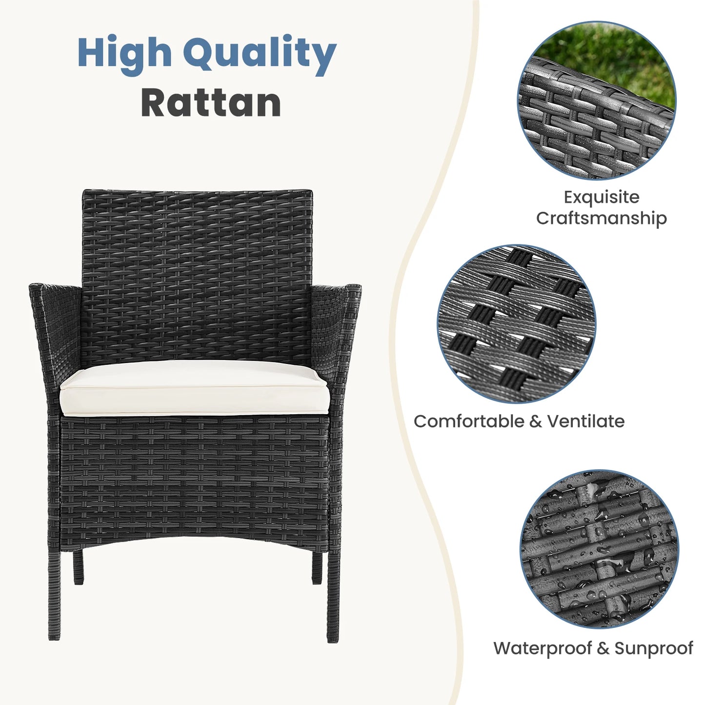 4 Piece Outdoor Patio Furniture Set with Soft Cushion and Glass Table Manual Weaving Wicker chairs