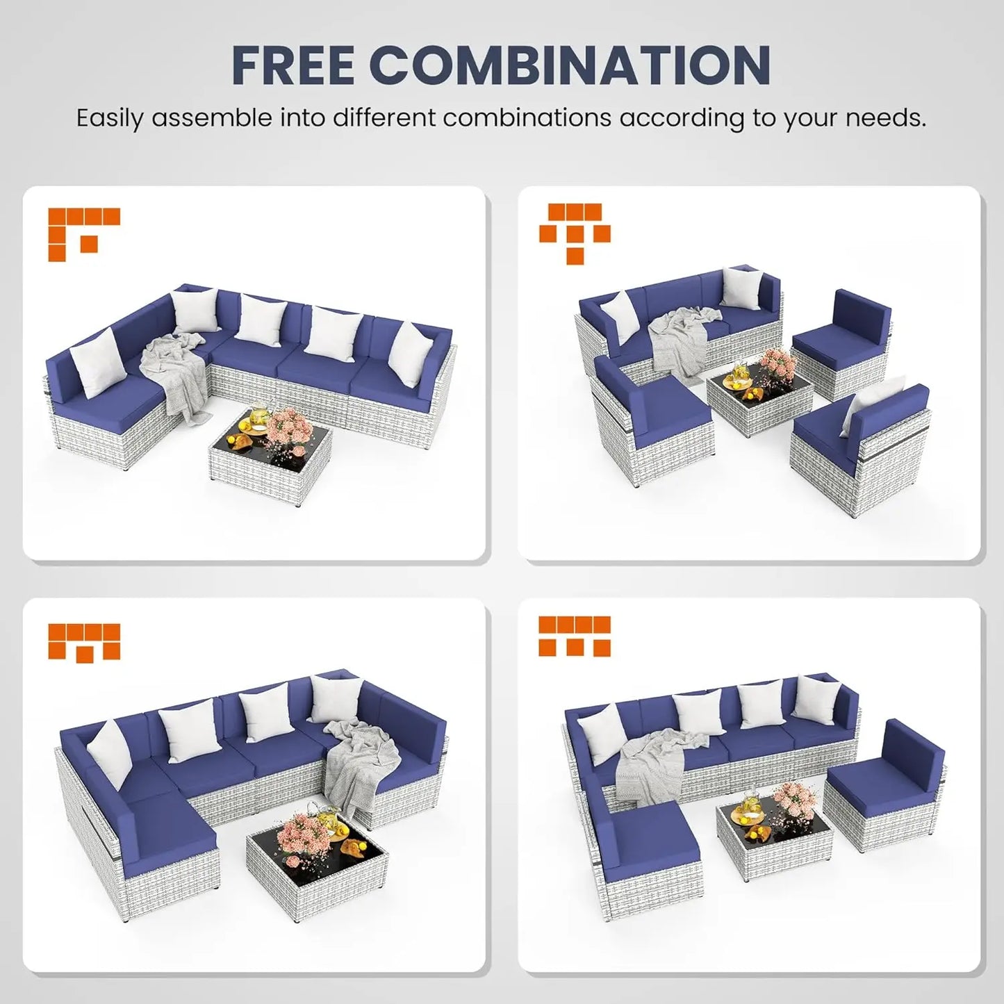 7 Piece Outdoor Sectional Sofa Set, All-Weather Patio Furniture with Washable Cushions.