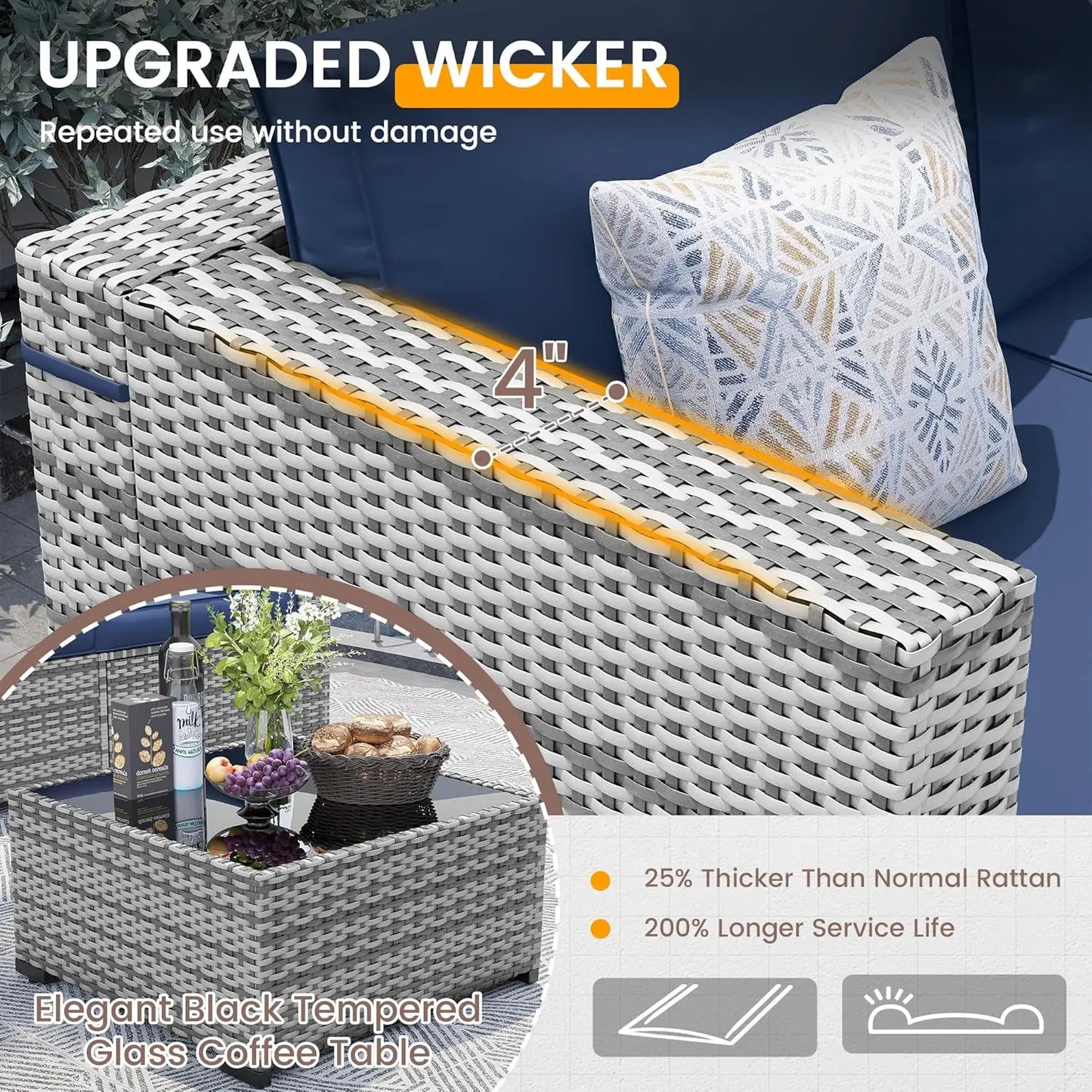 7 Pieces PE Wicker Sectional Sofa with Tea Table, Outdoor Conversation Set for Patio