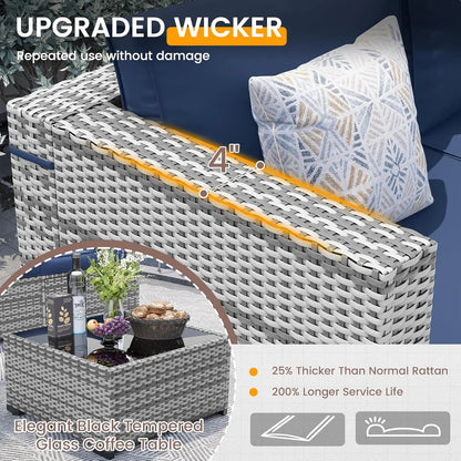 7 Pieces PE Wicker Sectional Sofa with Tea Table, Outdoor Conversation Set for Patio