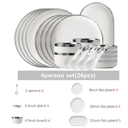 White Ceramic Plates With Silver Steak Serving Plate Bowls Ins Dinnerware set
