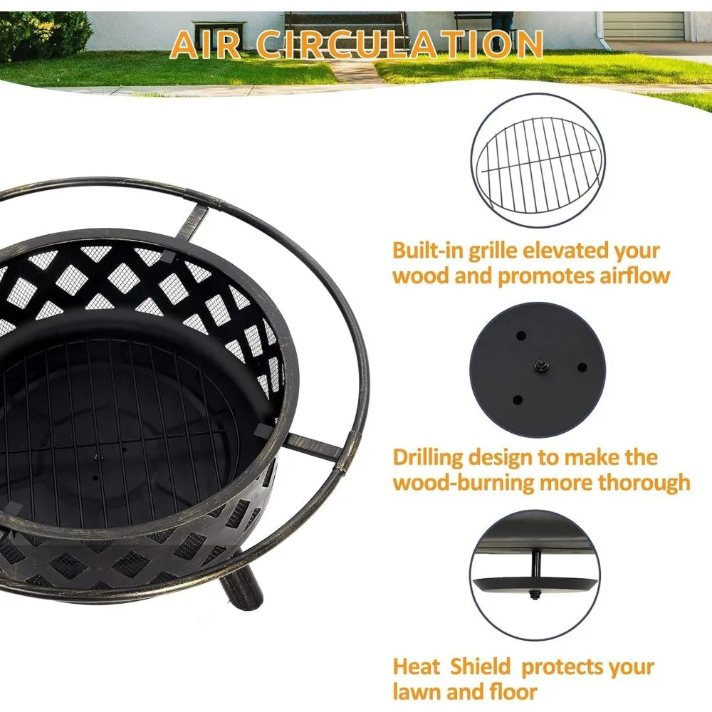 Wood Burning Fire Pit - Steel BBQ Grill Grate Spark Screen Poker Lid for Patio Backyard Camping