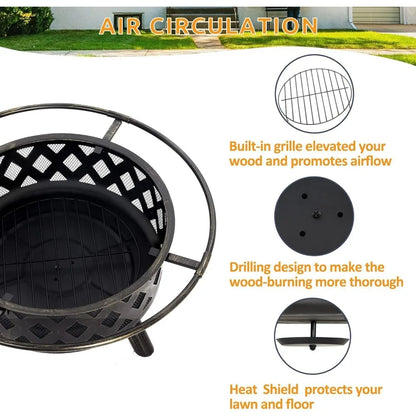Wood Burning Fire Pit - Steel BBQ Grill Grate Spark Screen Poker Lid for Patio Backyard Camping