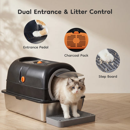 Stainless Steel Cat Litter Box with Fully Enclosed Scoop and Mat Included