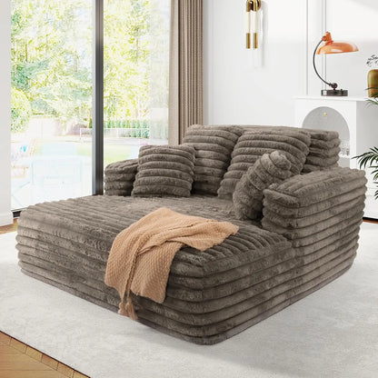 56" Oversized Chaise Lounge Plush Faux Fur Sleeper Sofa Couch Bed with Pillows