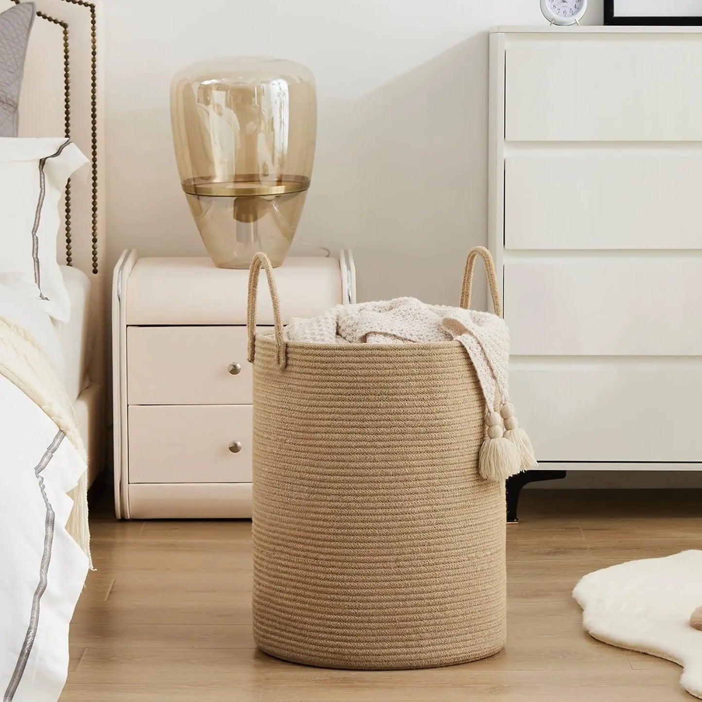 Large Storage Basket Tall Woven Laundry Hamper with Handles Foldable Cotton Rope