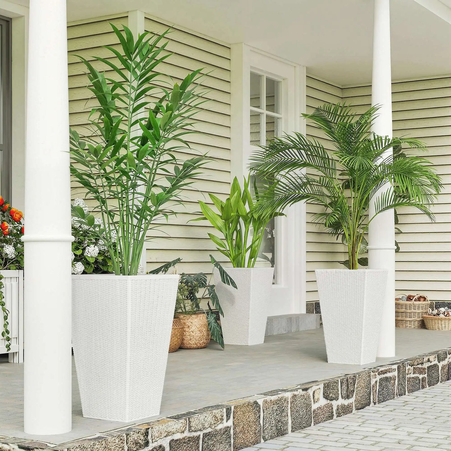 24 Inch Taper Planters with Drainage Holes, Rattan Decor Plant Pots, White