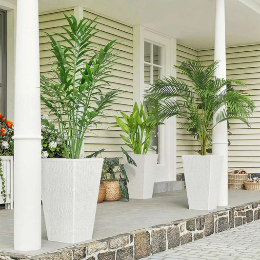 24 Inch Taper Planters with Drainage Holes, Rattan Decor Plant Pots, White